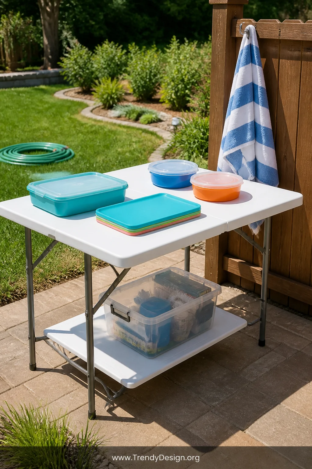 Wide outdoor shot of a small white plastic folding table set on a sunny backyard patio surrounded by green grass, table surfa