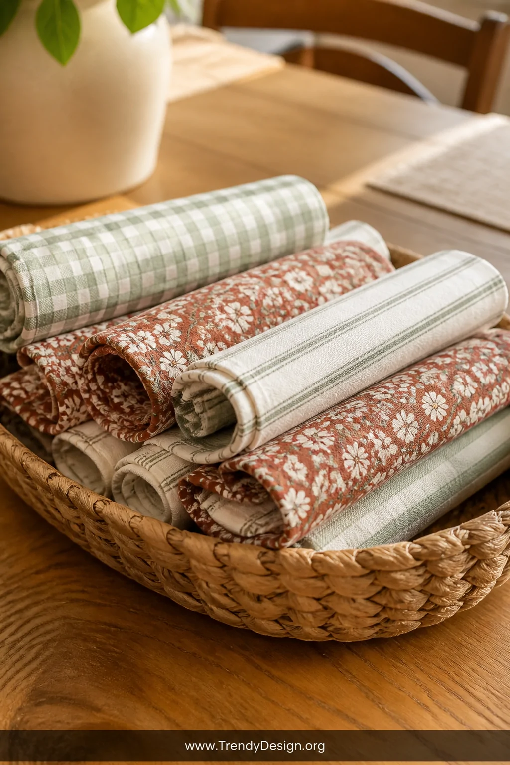 A close-up detail shot of a neatly folded stack of cloth napkins in coordinating cotton prints   soft sage gingham, warm rust