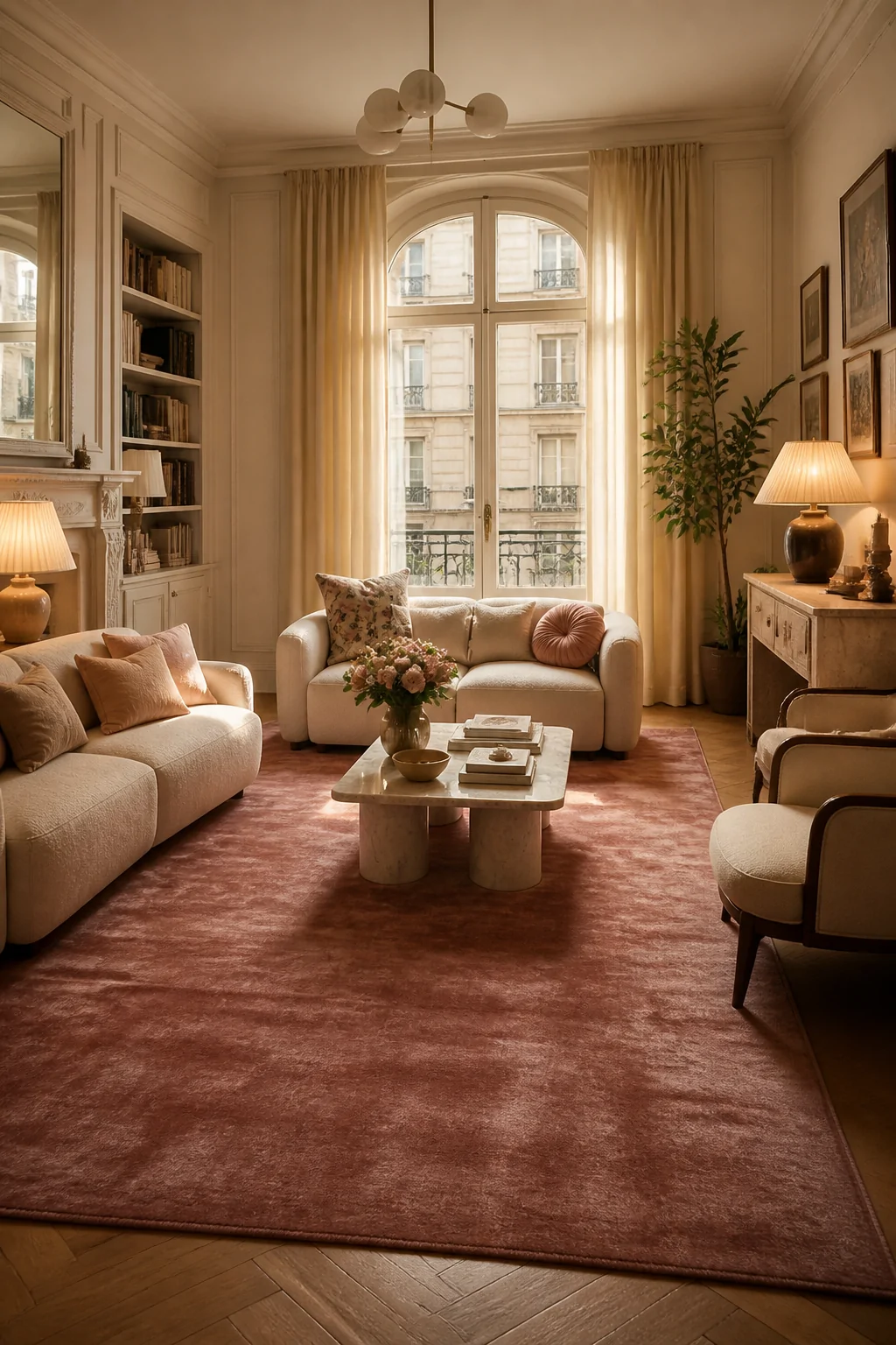 Wide-angle photorealistic interior shot of a sunlit living room anchored by a large dusty rose plush rug, surrounded by cream