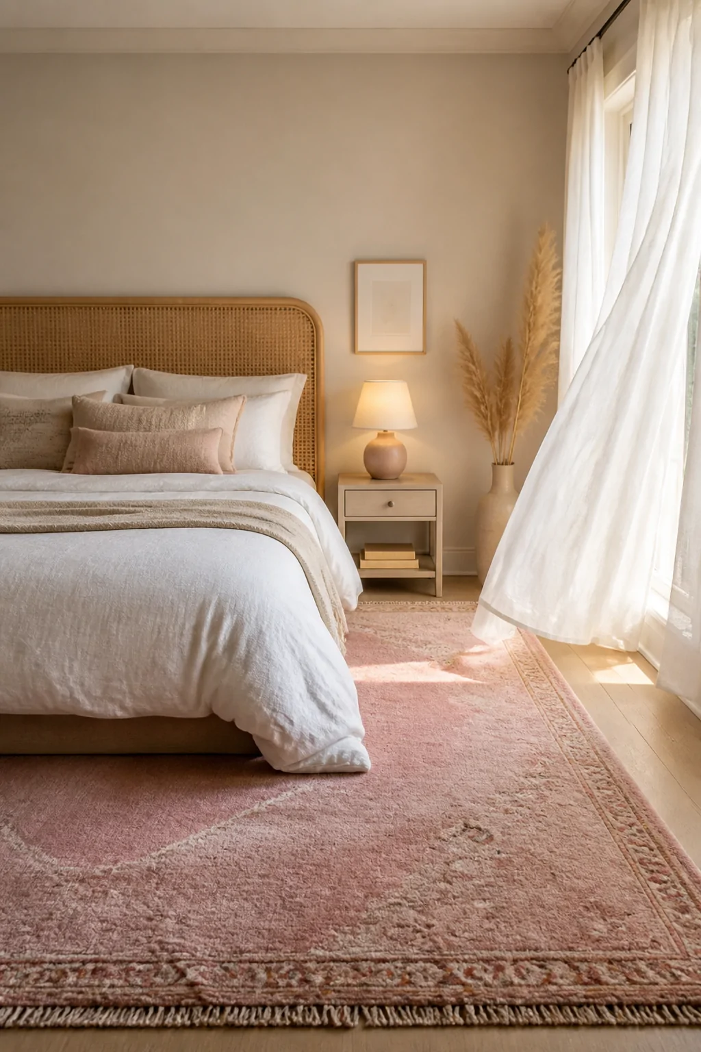 Medium shot of a soft romantic bedroom centered on a plush pink statement rug beneath a rattan headboard bed dressed in warm 