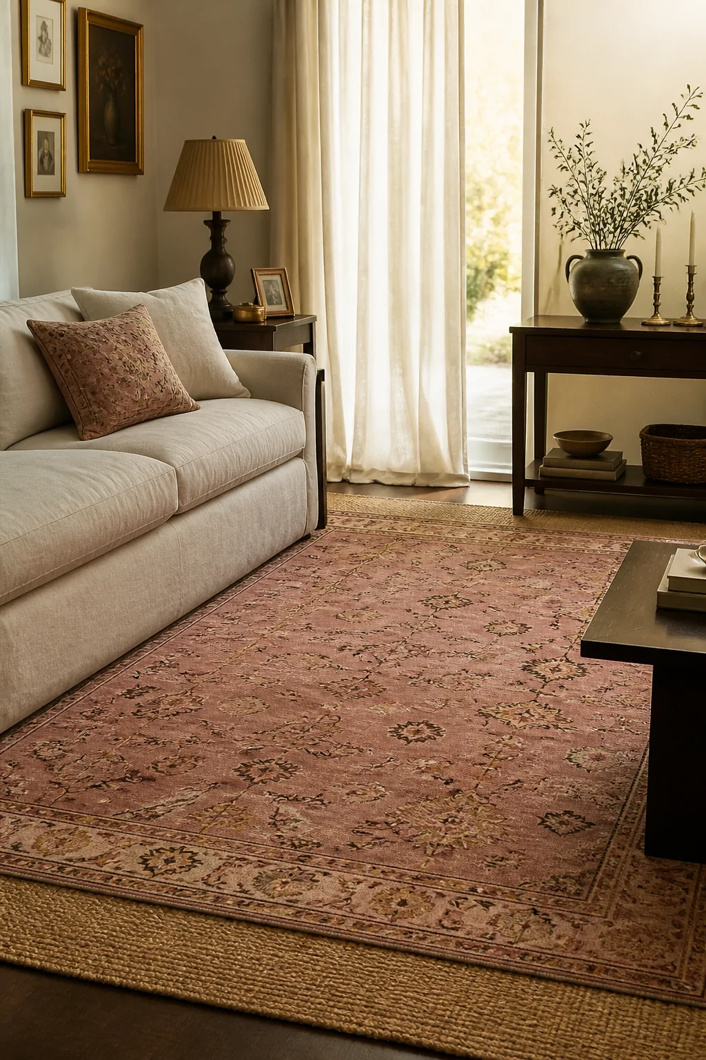 Wide shot of a warmly lit living room featuring a faded dusty rose Persian-patterned vintage rug with soft botanical motifs l