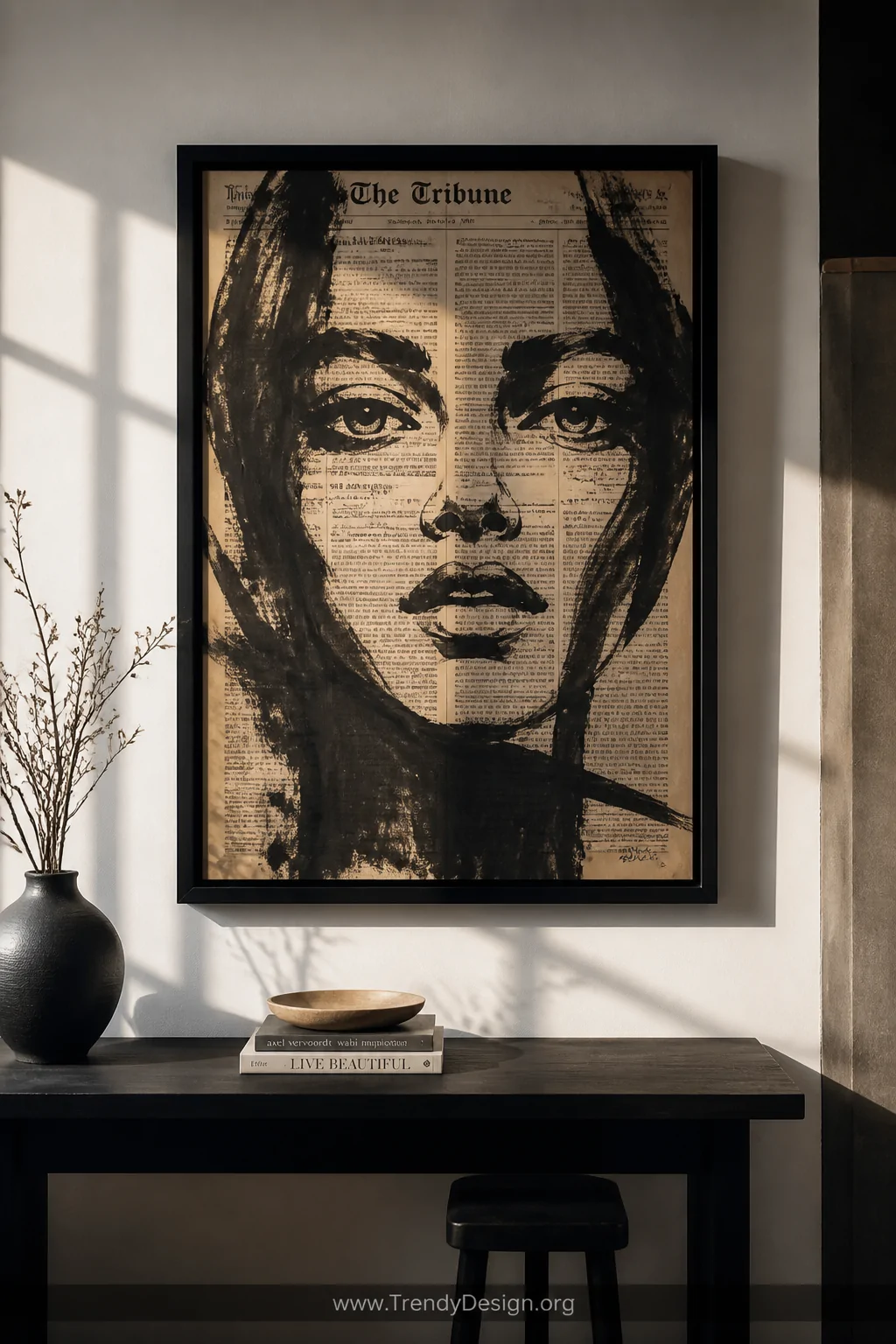 A wide shot of a Brooklyn-style gallery wall featuring a bold black ink portrait drawn directly onto aged newsprint, framed i