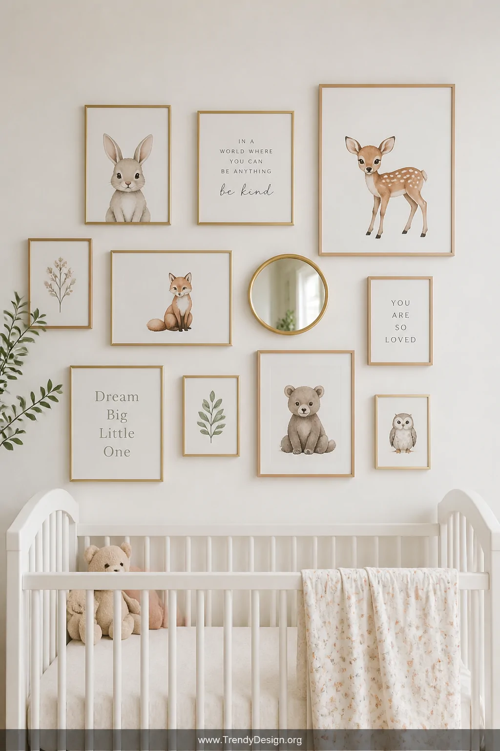 Wide-angle photorealistic interior shot of a nursery gallery wall featuring an eclectic mix of thin gold and natural wood fra