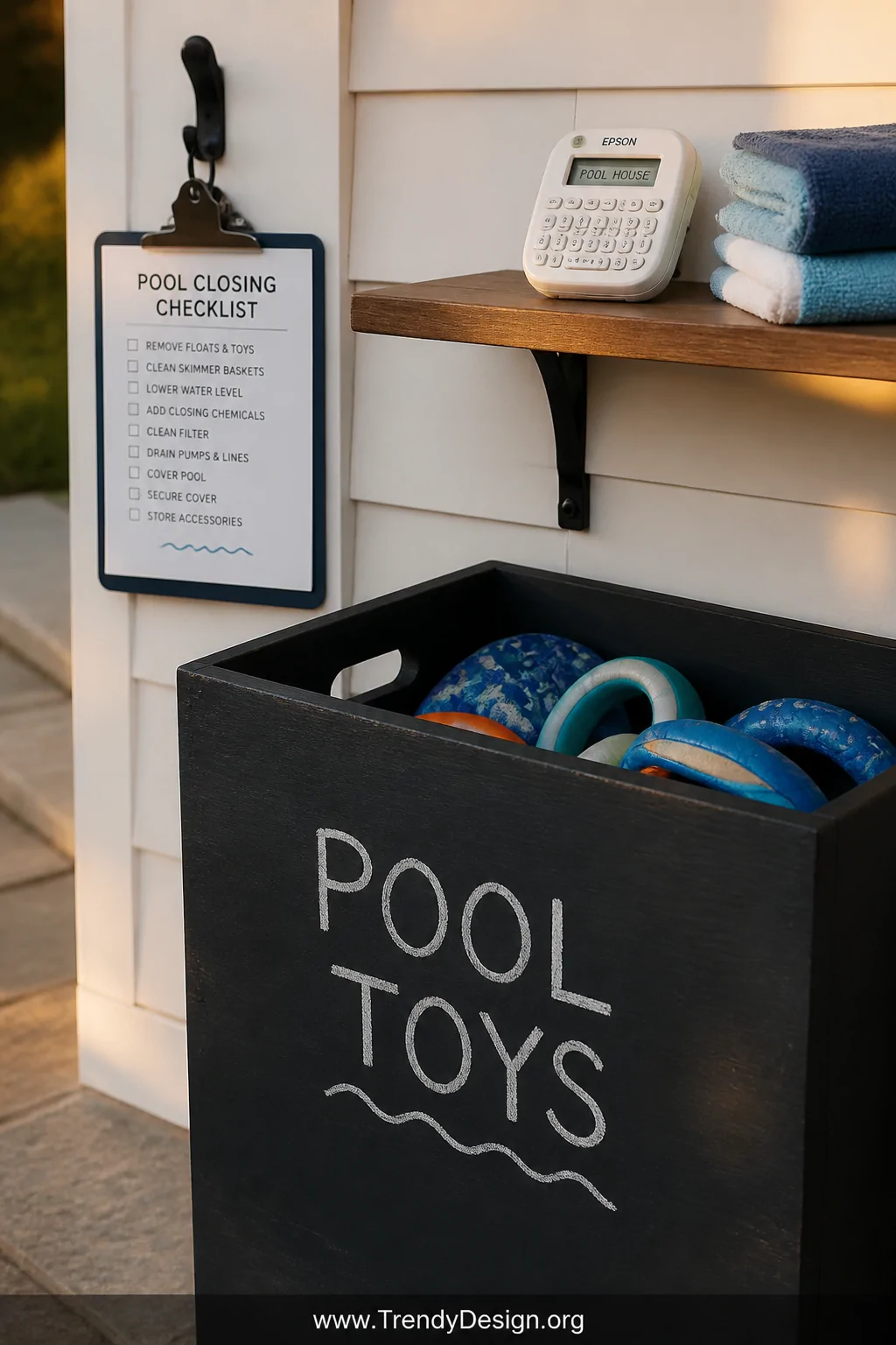 Close-up detail shot of a weatherproof chalkboard-painted wooden bin labeled 
