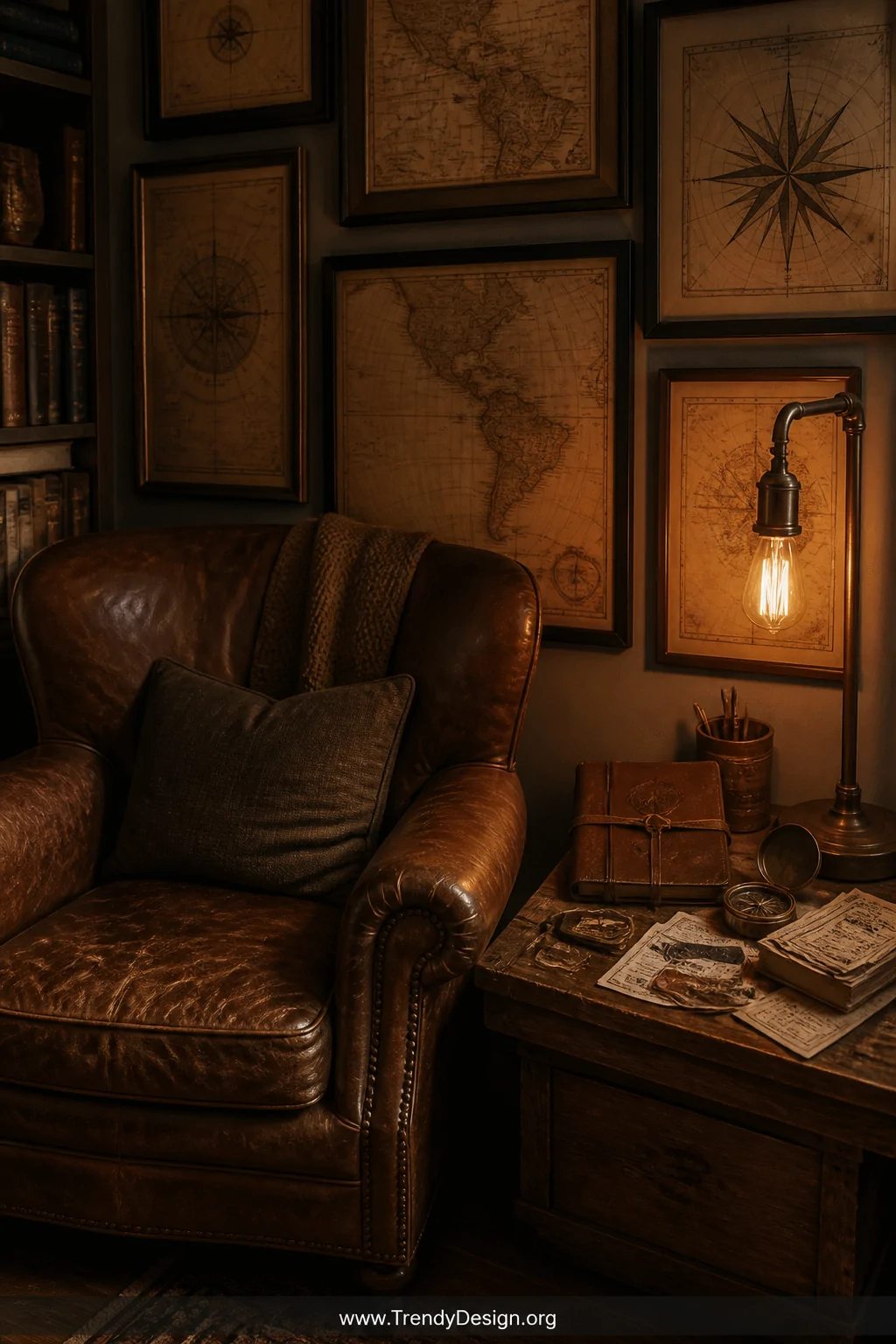 A wide shot of a cozy reading nook with a worn leather armchair surrounded by a gallery wall and side table display featuring