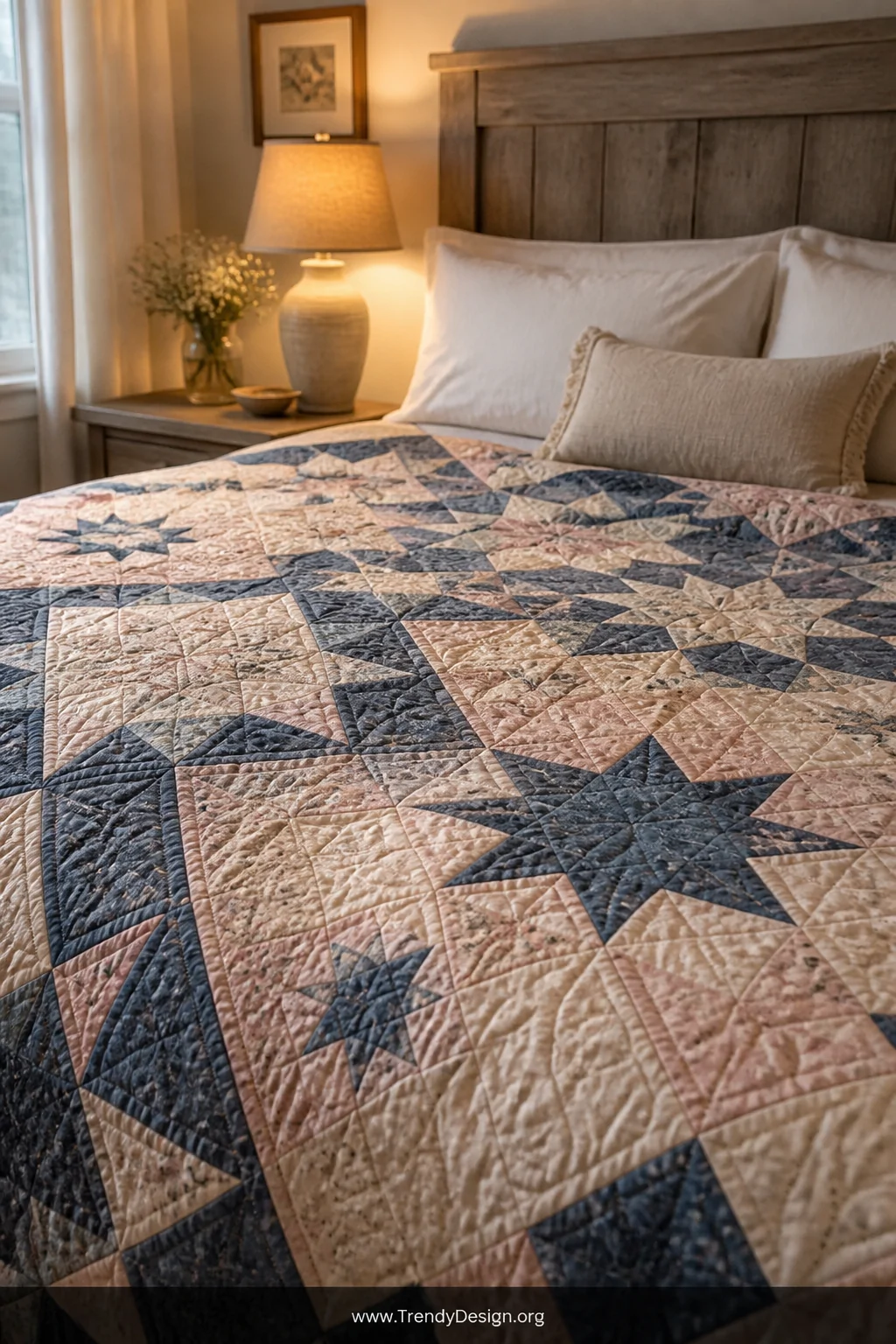 Wide cozy bedroom shot with a finished star block quilt spread across a bed with white linen pillows and a weathered oak head