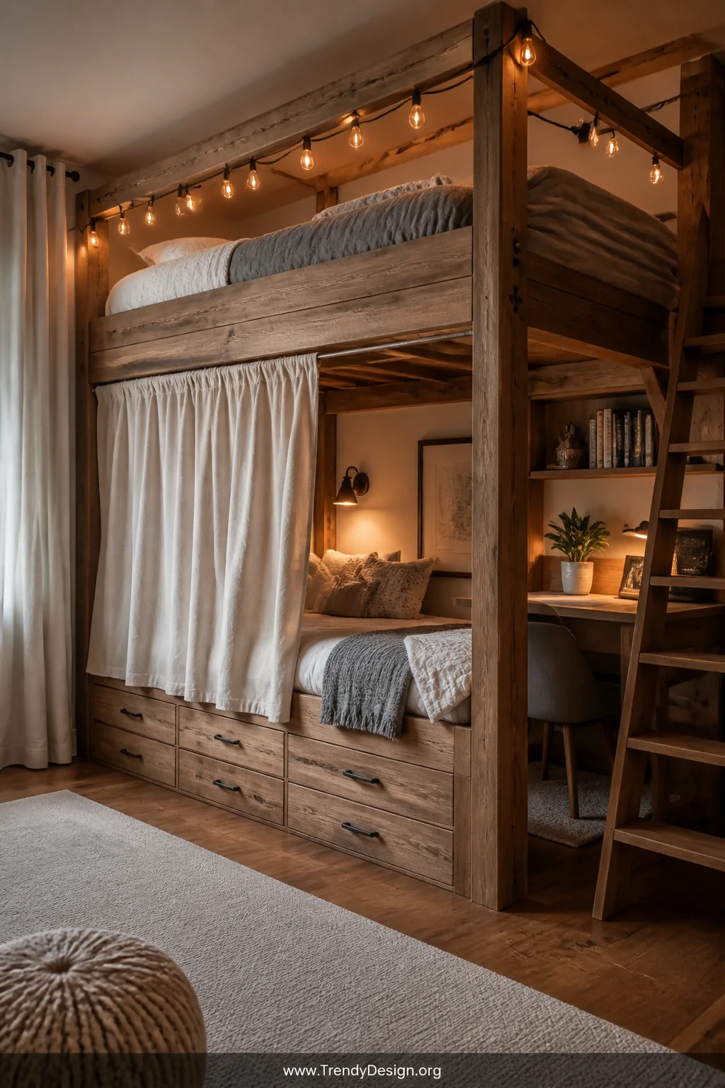 Medium photorealistic shot of a solid wood bunk bed with built-in storage drawers beneath the lower bunk and a compact desk t