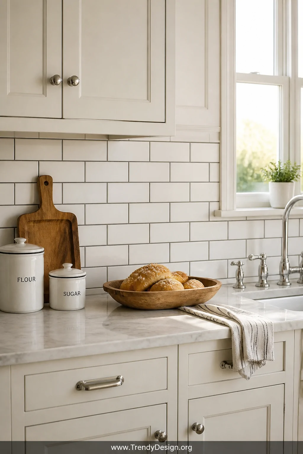 A medium shot of a bright kitchen countertop covered in classic white subway tiles laid in a traditional brick pattern with c