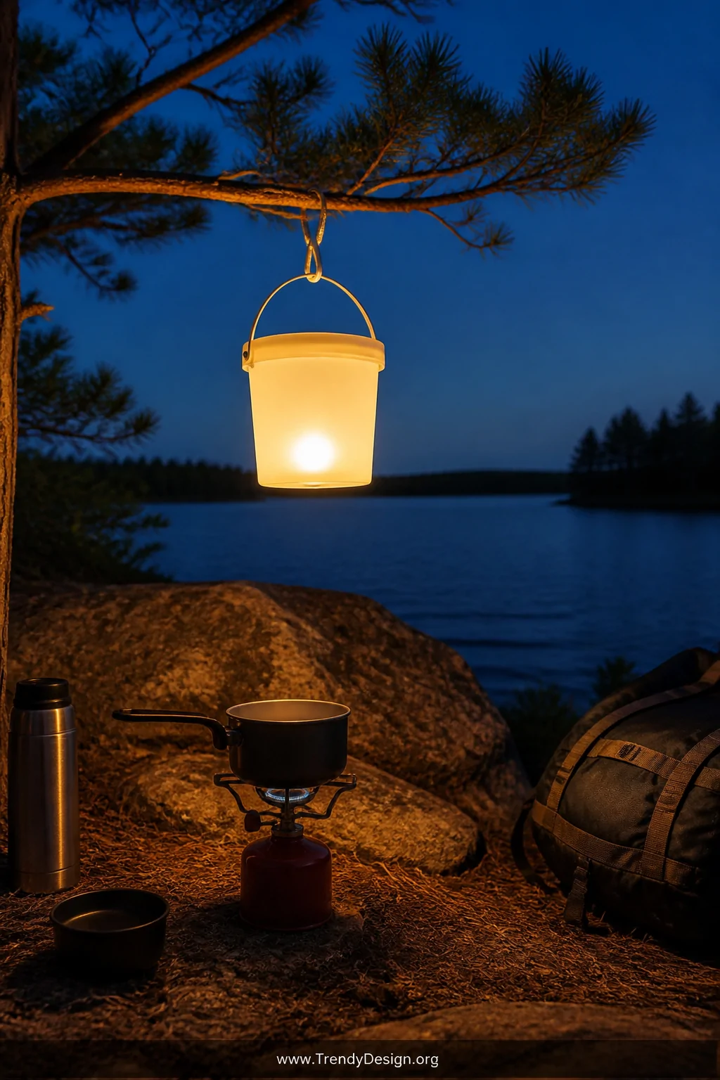 A medium outdoor evening shot of a white translucent plastic bucket with a wire handle suspended from a low pine tree branch 