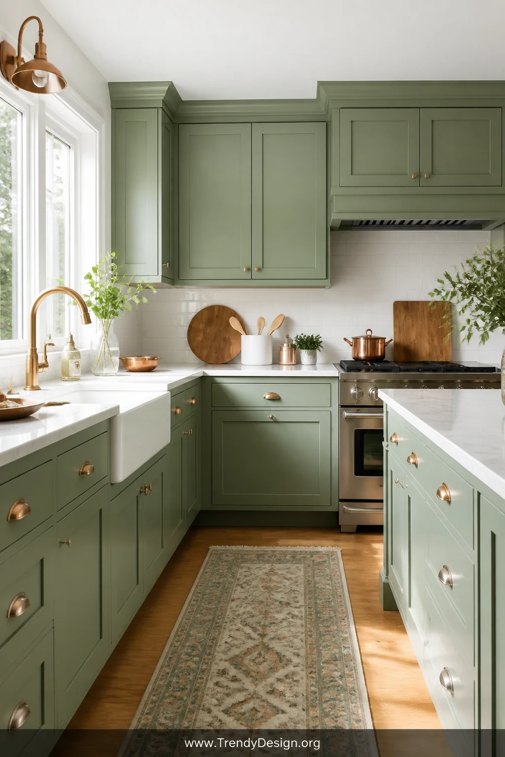 Wide-angle photorealistic shot of a bright kitchen with freshly painted sage green cabinets, smooth brush-stroke-free finish 