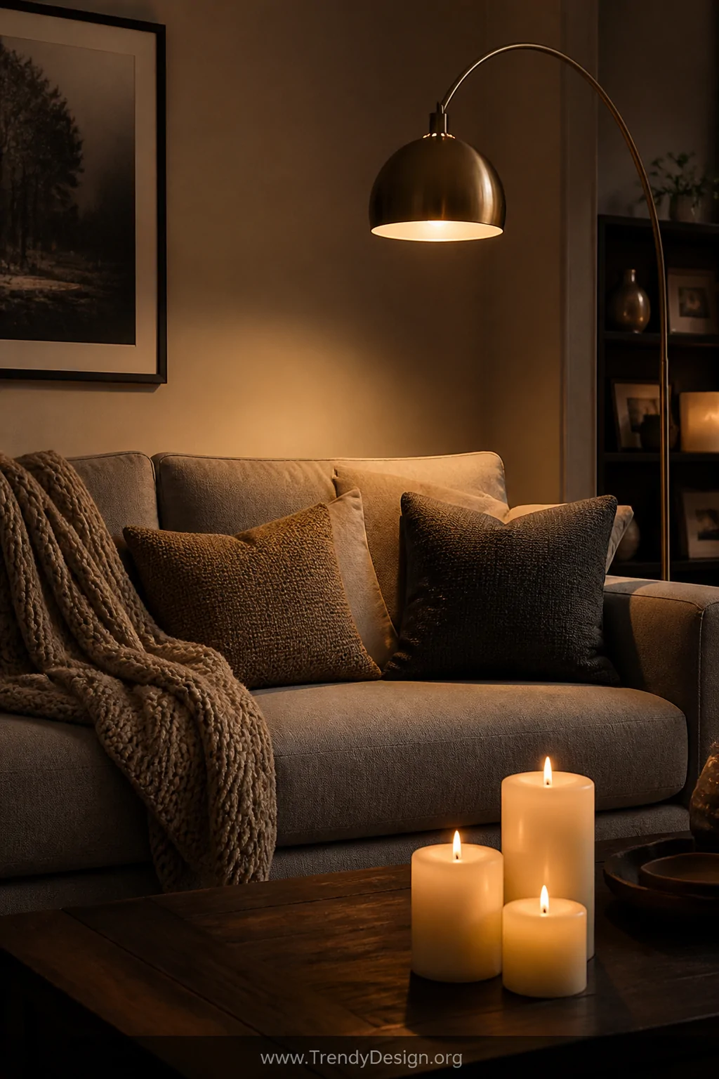 A moody medium shot of a gray sofa bathed in warm amber light from a tall brass arc floor lamp positioned beside it, three iv