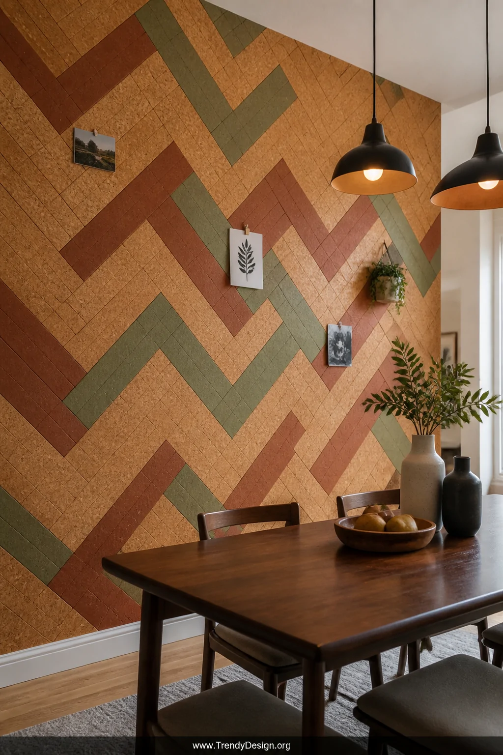 Wide shot of a dramatic dining room accent wall fully covered in cork tiles arranged in a bold herringbone pattern, alternati