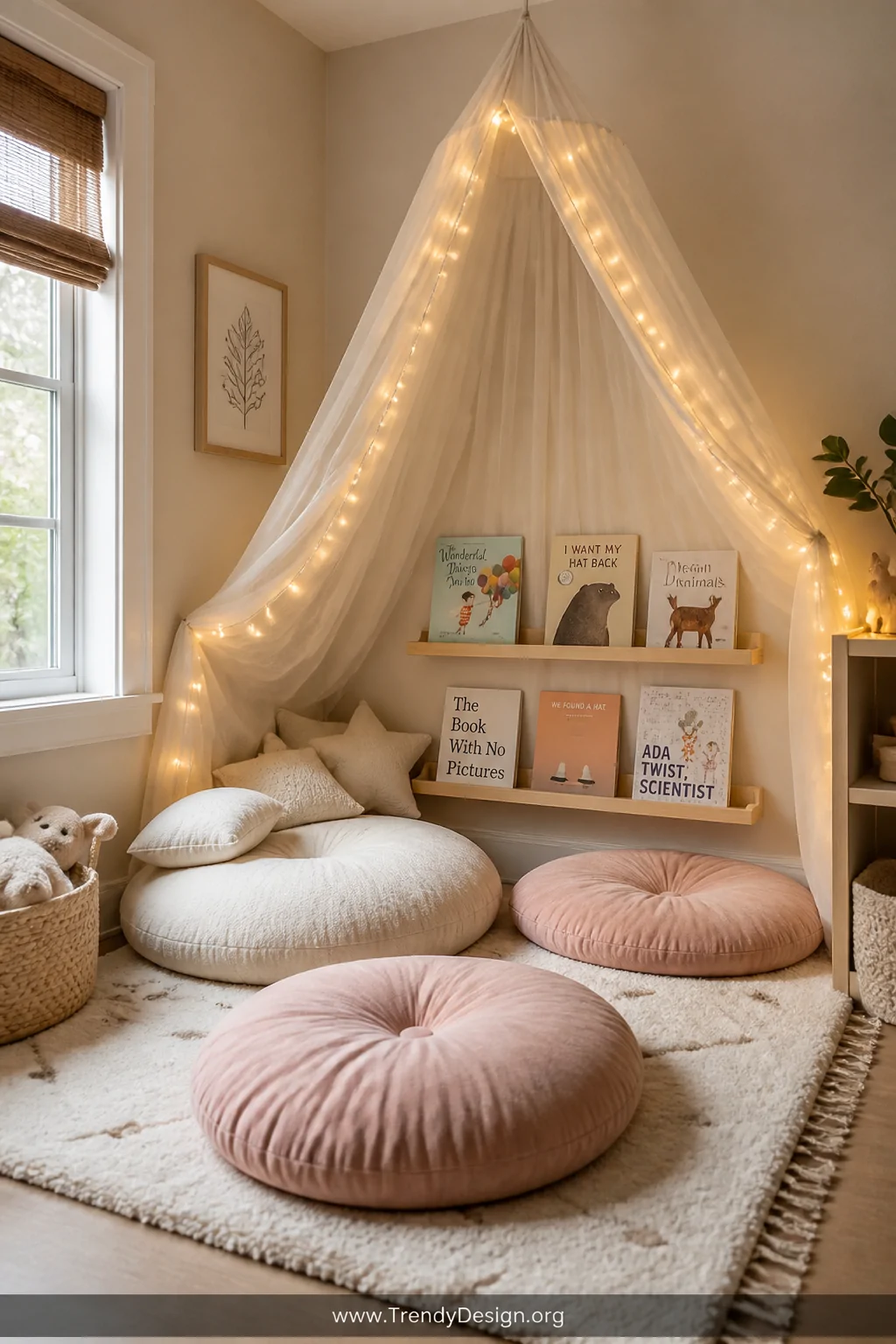 Medium shot of a cozy nursery reading corner with oversized round cream and dusty blush floor cushions clustered on a soft wo