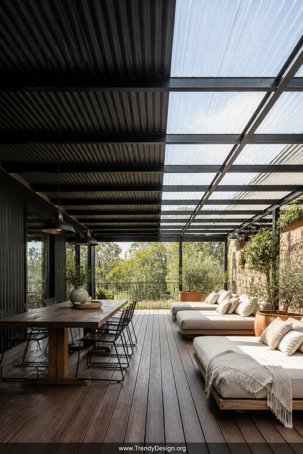 A wide photorealistic shot of a spacious deck covered by a striking mixed-material roof alternating corrugated matte charcoal