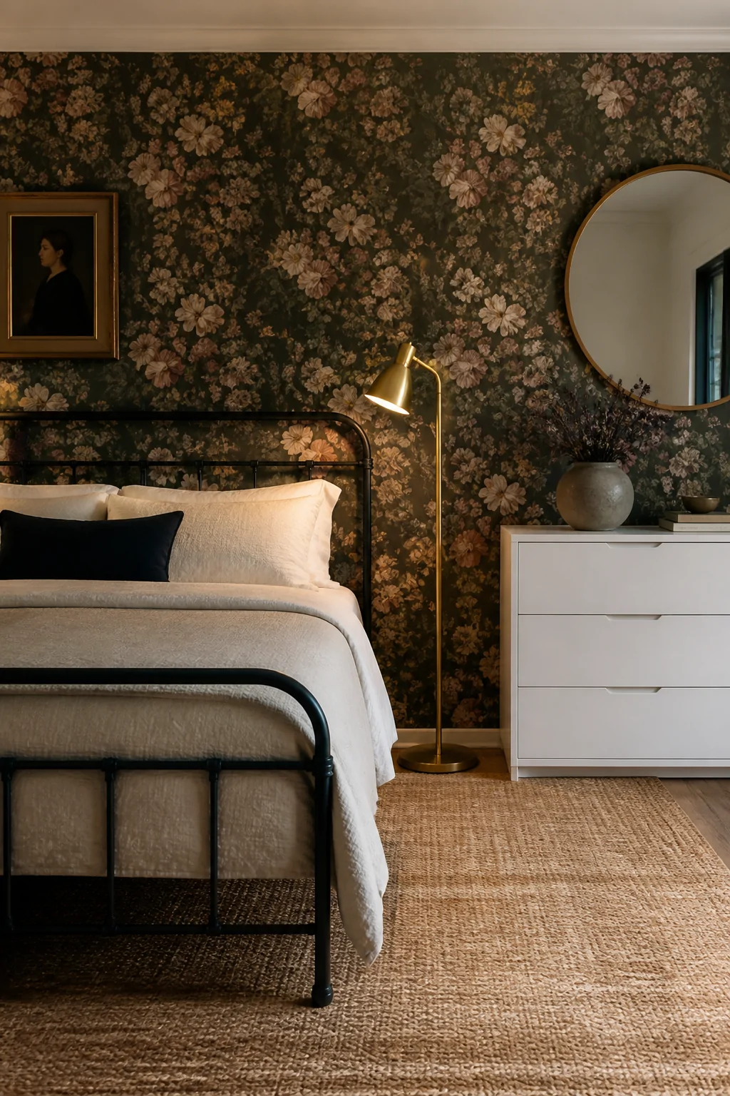 Wide shot of a bedroom featuring a sleek matte black metal bed frame set dramatically against a vintage floral wallpaper, a m