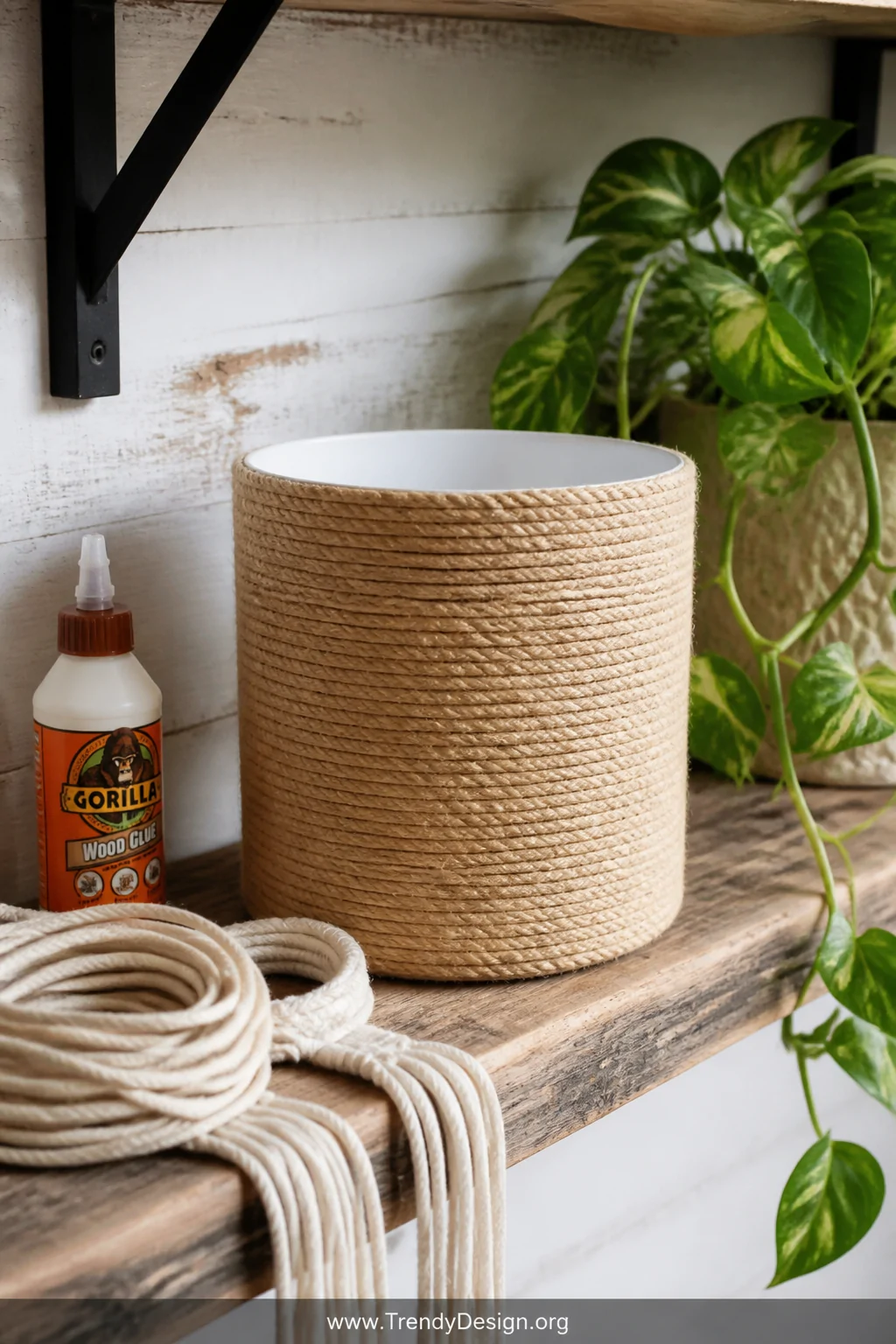 A close-up detail shot of a cylindrical plastic plant pot tightly wrapped in warm natural jute twine from base to rim, sittin