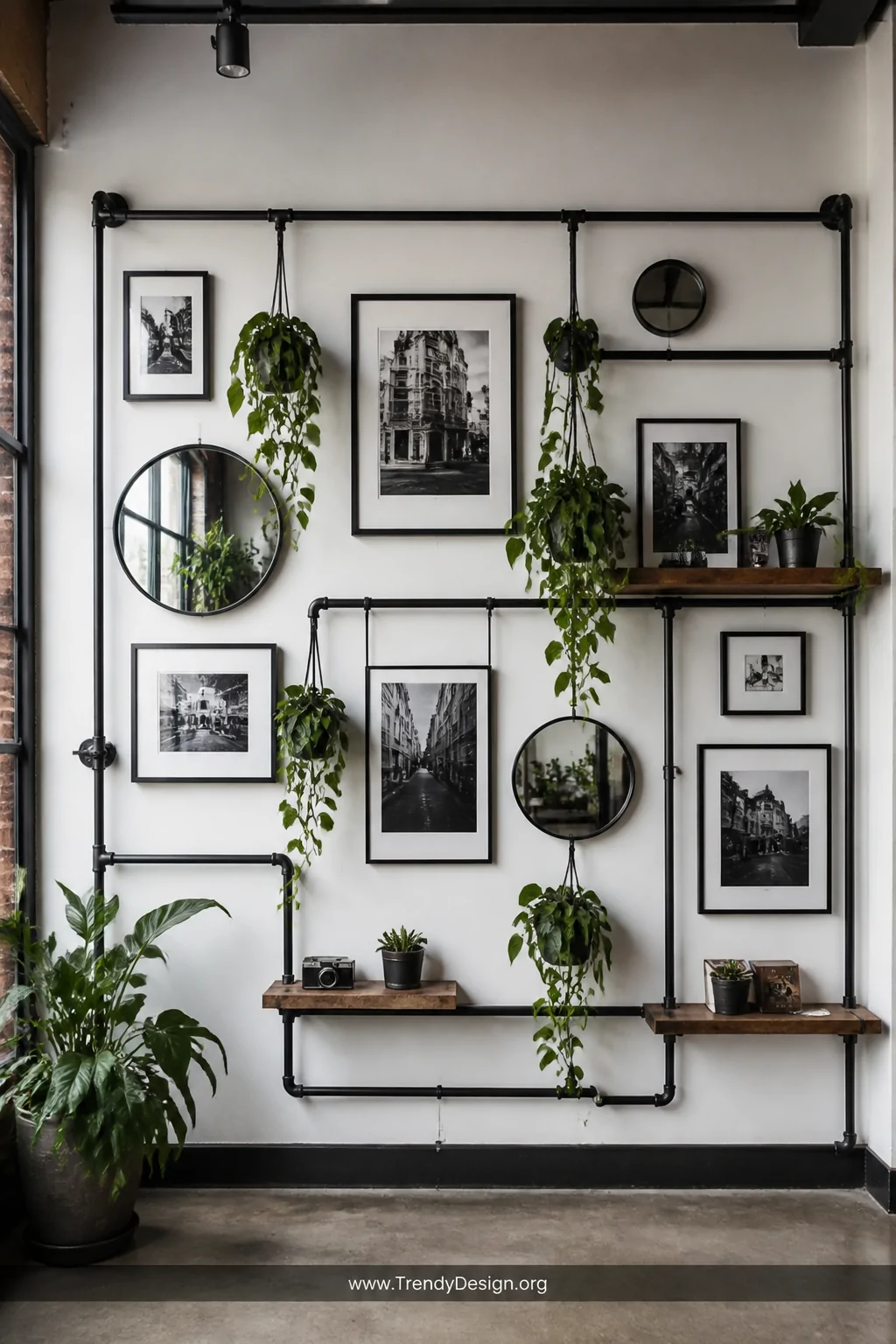 Wide shot of a full gallery wall in a creative studio-style interior where exposed black metal conduit serves as the structur