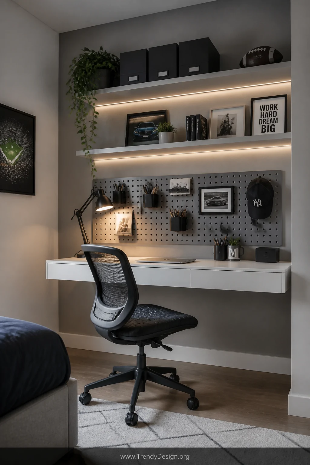 Medium shot of a sleek boys bedroom study corner with a white floating desk mounted to a light grey wall, warm LED ambient st