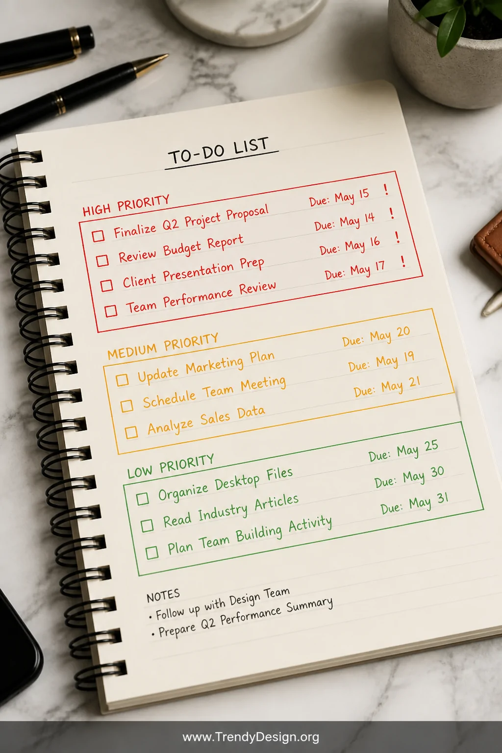 A medium close-up shot of a spiral-bound planner to-do list page on a white marble desk surface, featuring tasks underlined o