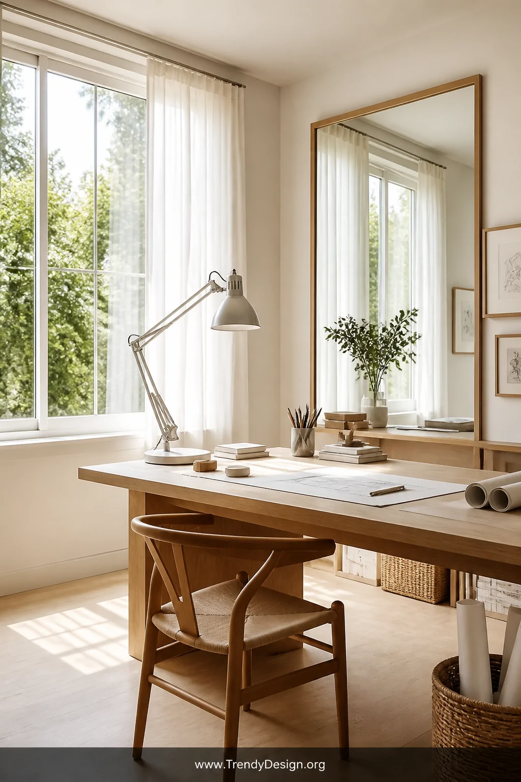 Wide room shot of a bright airy drawing studio with a light oak desk positioned perpendicular to an oversized window dressed 