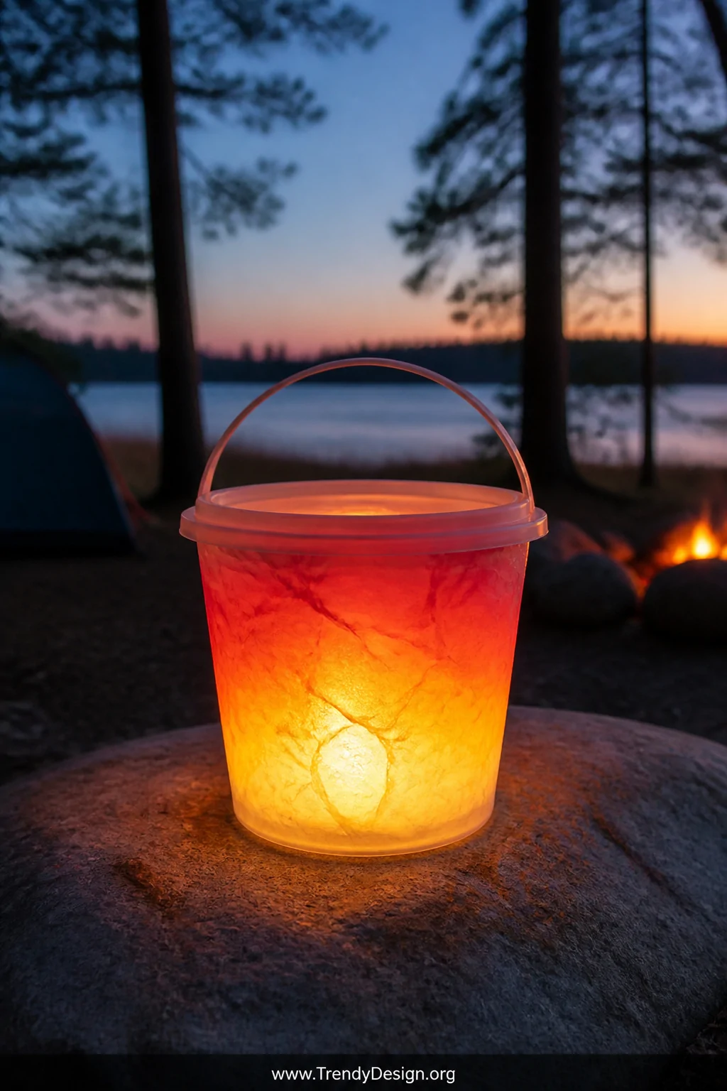 A medium closeup of a translucent white plastic bucket glowing from within, layered with crinkled red, orange, and yellow tis