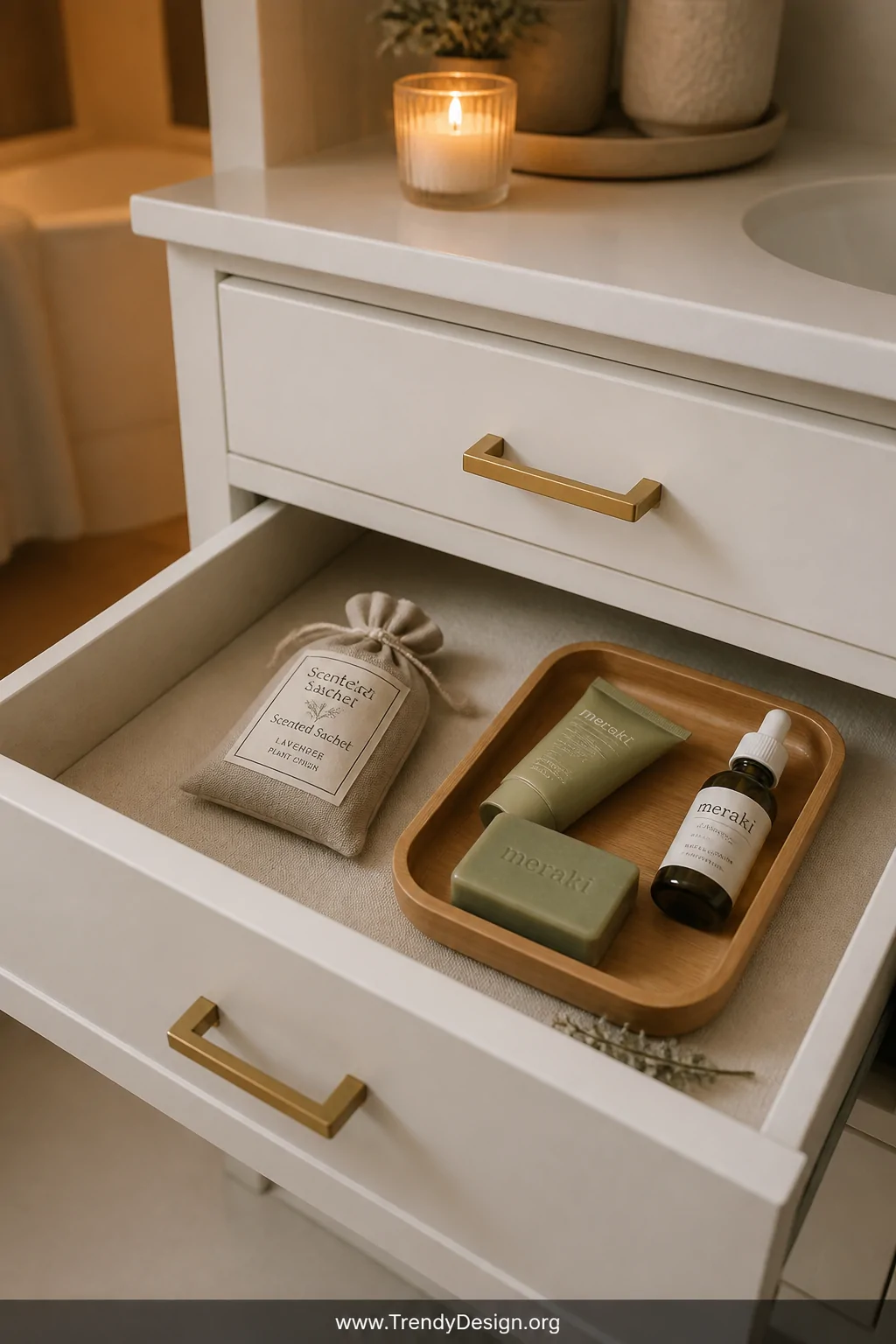 A medium shot of a half-open bathroom drawer lined with a neatly tucked cream linen fabric liner, holding a small scented sac