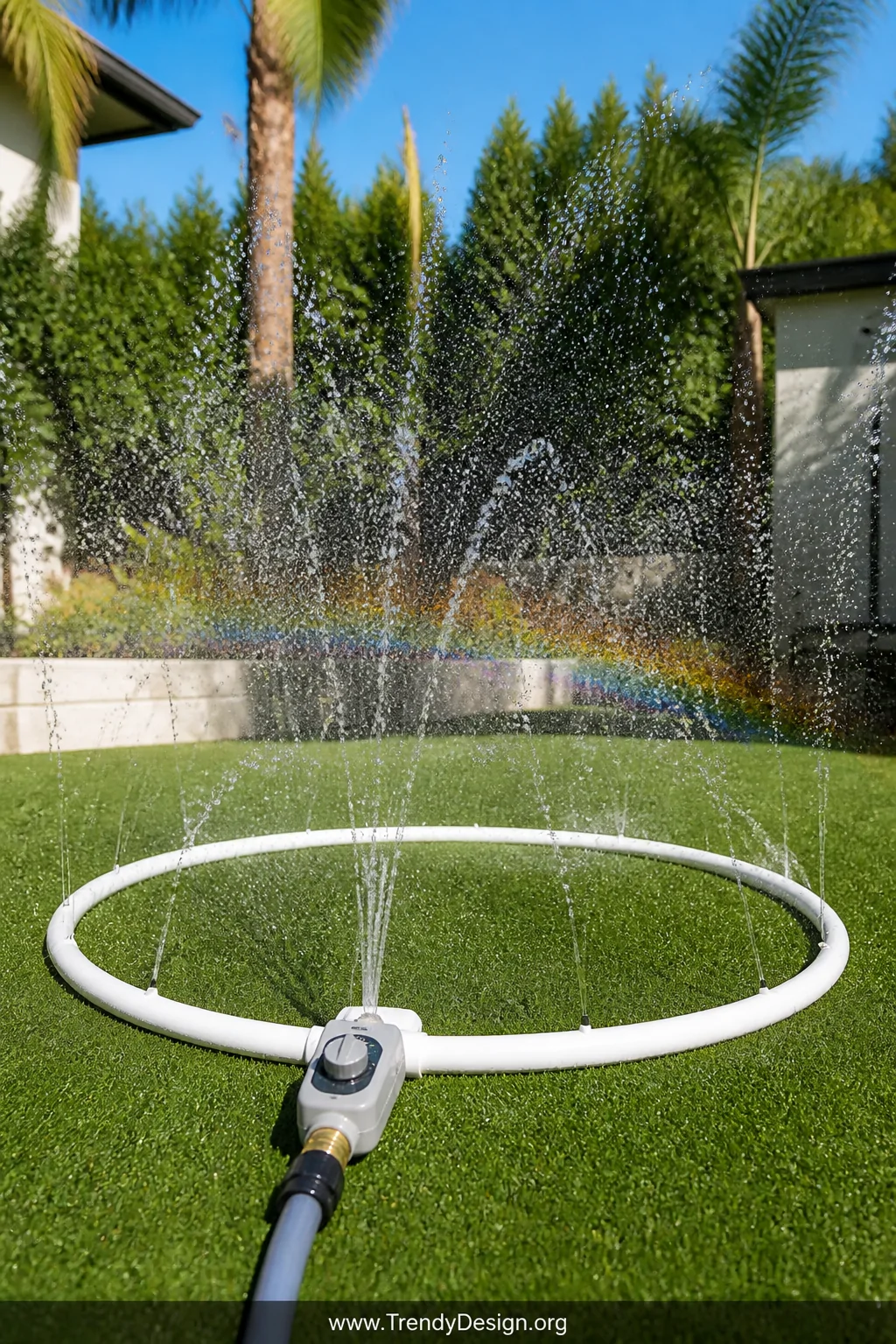 Medium shot of a backyard DIY splash pad built from white half-inch PVC pipes arranged in a circular frame on a lush artifici