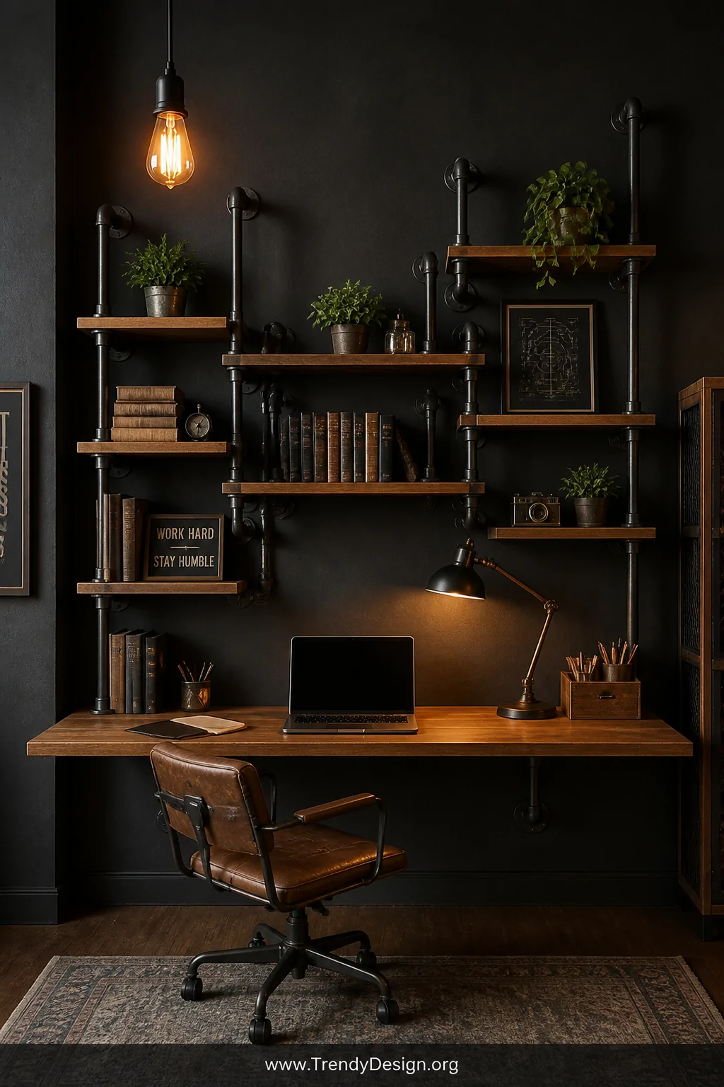 A wide shot of a moody industrial home office featuring a wall-mounted desk hutch built from black iron pipe flanges and warm
