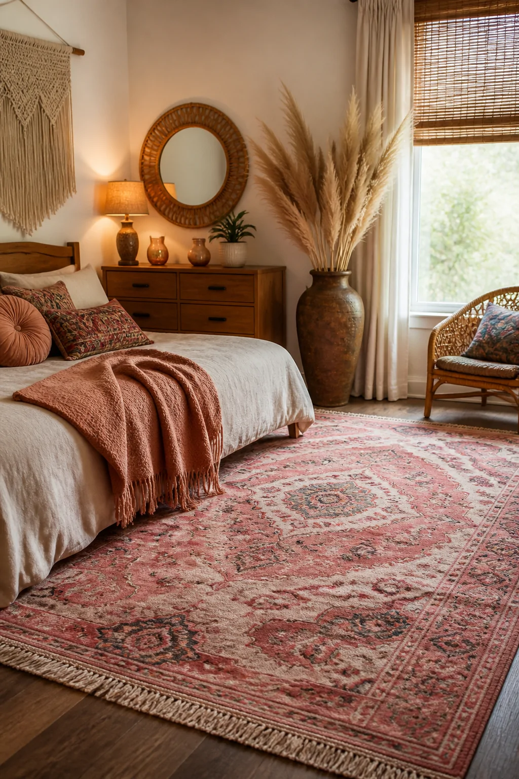 Medium-angle photorealistic boho bedroom shot showcasing a pink boho rug with organic medallion and abstract floral patterns,