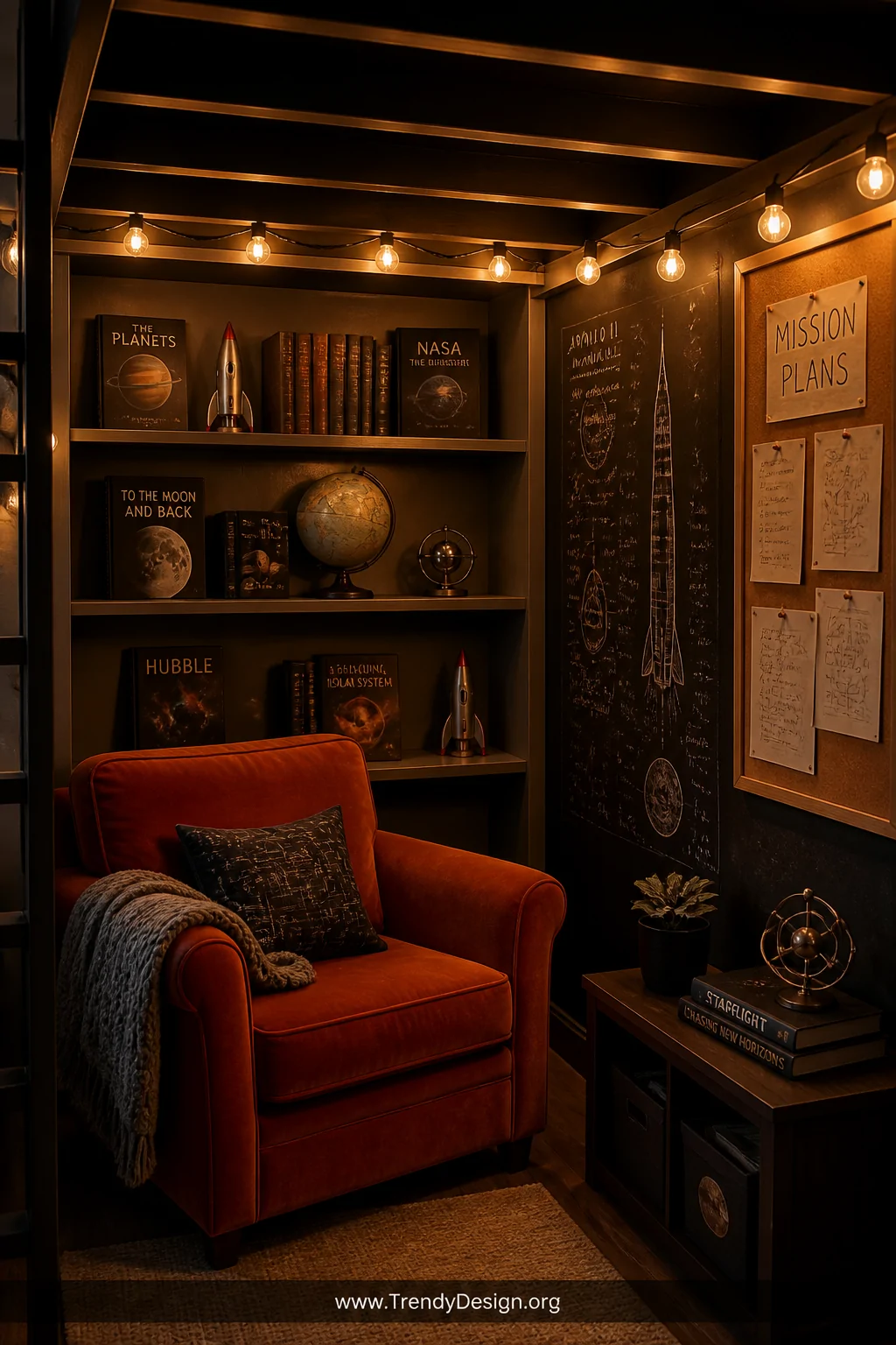 Cozy medium interior shot of a reading nook tucked beneath a loft bed, walls lined with simple floating shelves holding hardc