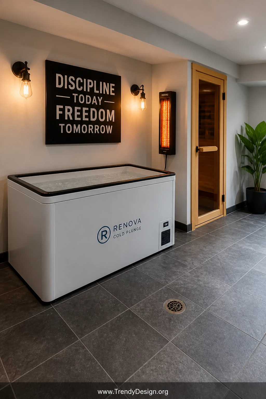 Wide basement interior shot of a cozy wellness room corner featuring a chest freezer cold plunge tub on waterproof slate-grey