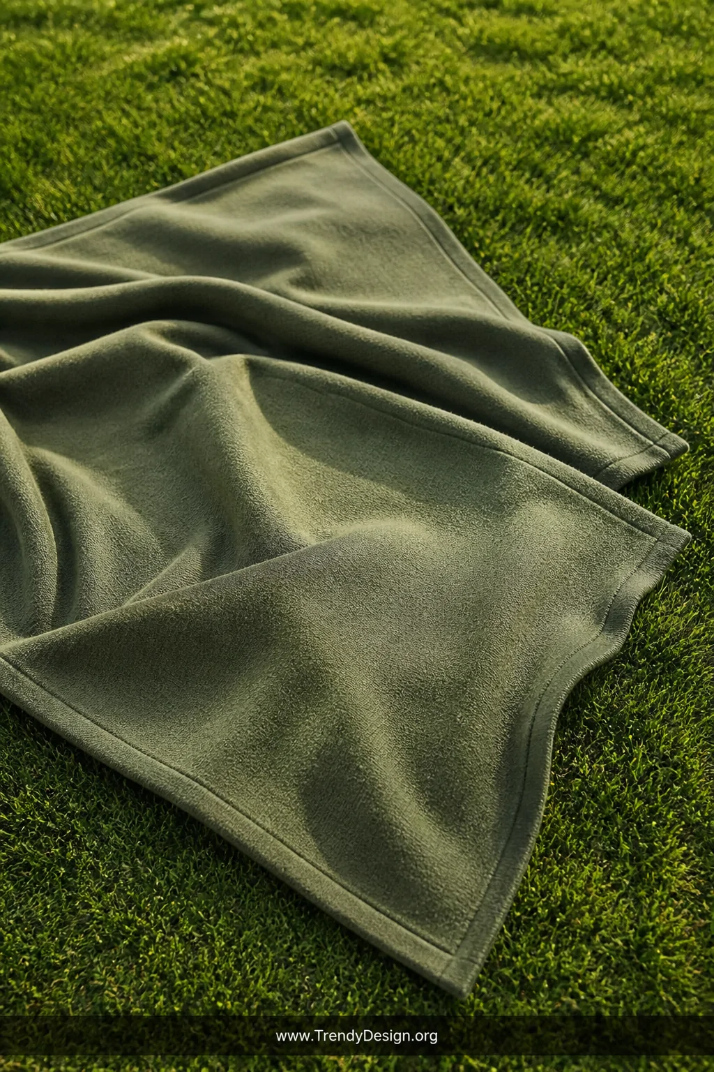 A crisp lifestyle editorial-style wide shot of a single thick sage green solid wool blanket spread on vibrant green grass, th