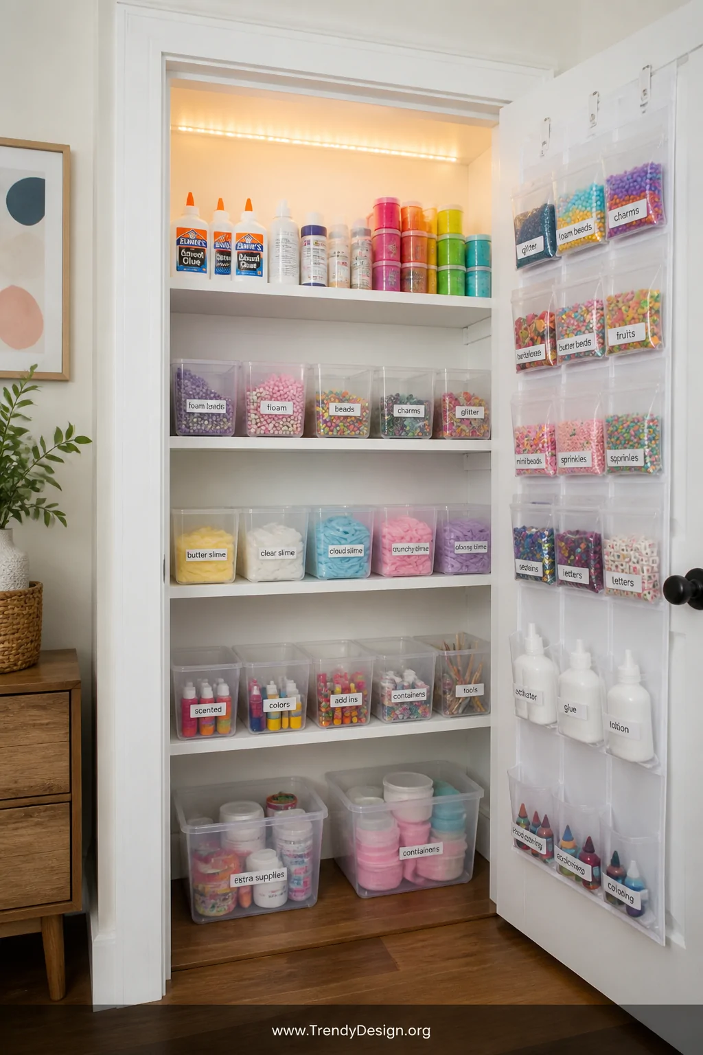 Medium shot looking directly into an open converted closet painted crisp white inside, fitted with three evenly spaced white 