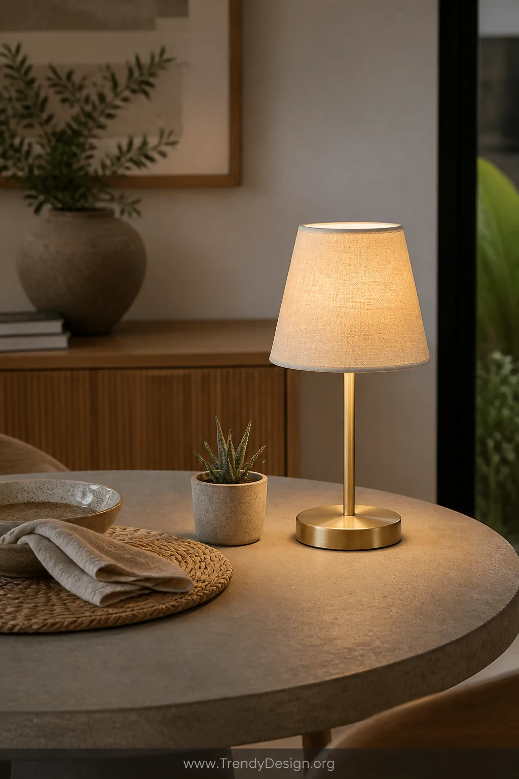 Close-up detail shot of a styled round dining table featuring a single rechargeable LED table lamp with a natural linen shade