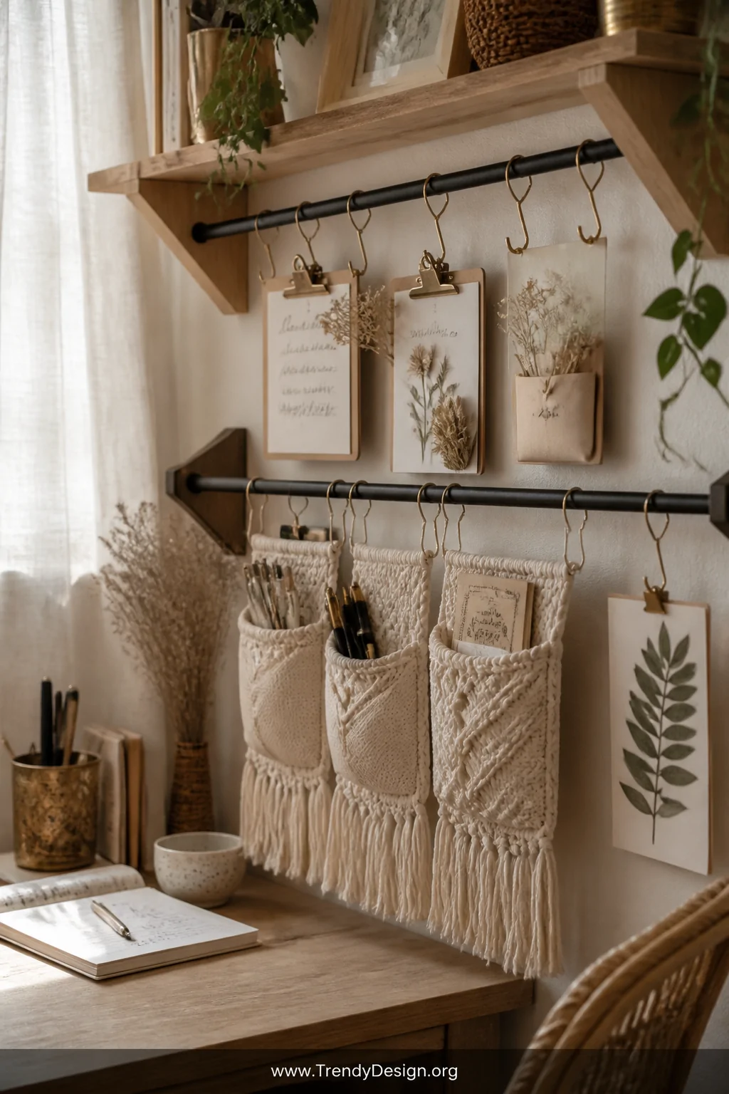 A closeup detail shot of a bohemian desk nook featuring two matte black tension rods installed between two bracket shelves, f