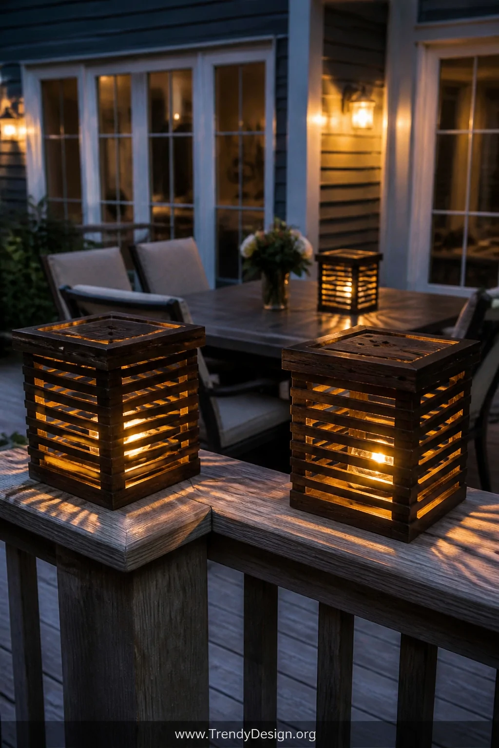 A medium shot of two small walnut-stained wooden slatted crates used as outdoor lanterns on a weathered deck railing, Edison 
