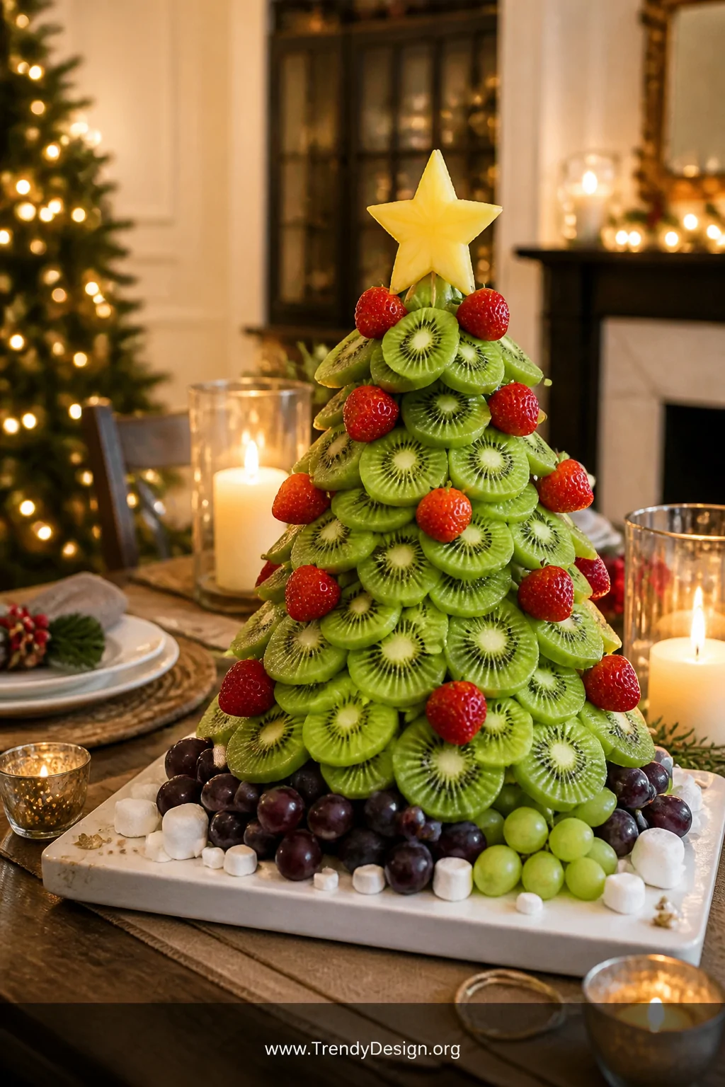 A wide shot of a festive holiday dining table centerpiece featuring a Christmas tree-shaped fruit platter on a white ceramic 