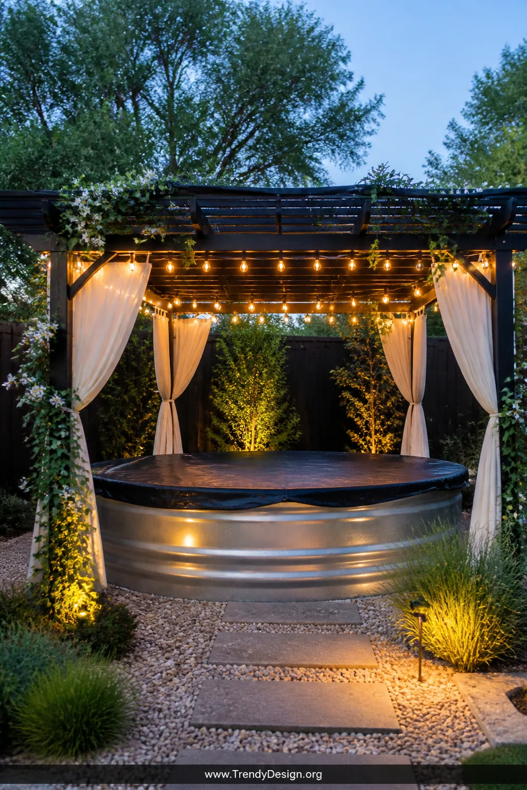 Wide outdoor shot of a small black metal pergola built directly over a galvanized stock tank pool, draped with cascading whit
