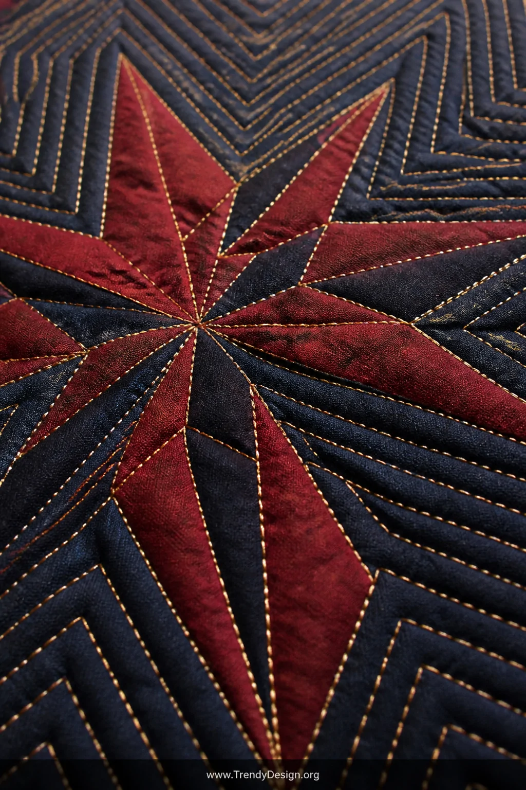 Extreme closeup shot of a handmade quilt surface showing a vibrant star block with parallel echo-stitched lines radiating out