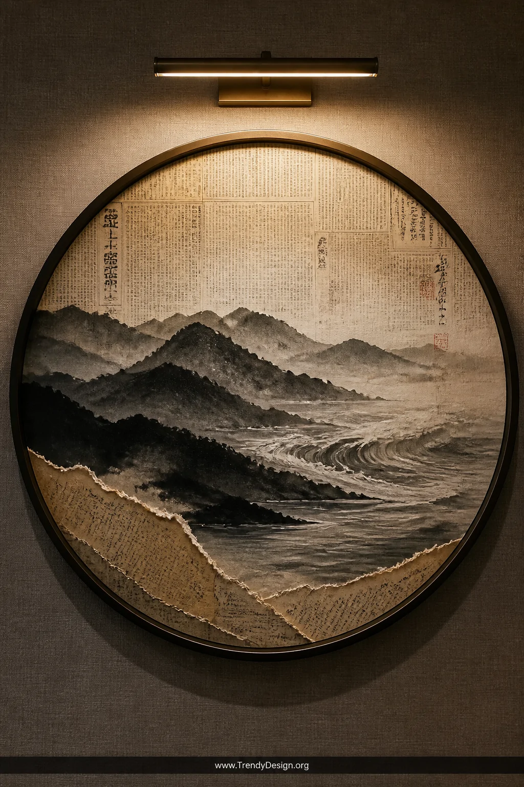 A closeup detail shot of a circular framed abstract landscape drawing in fluid sumi-e ink over layered newspaper pages, dark 