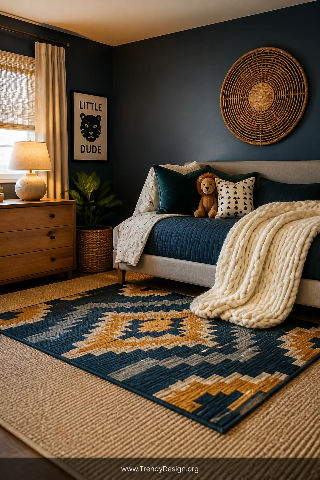Wide photorealistic shot of a toddler boy bedroom floor area showcasing a large neutral cream jute base rug layered with a sm