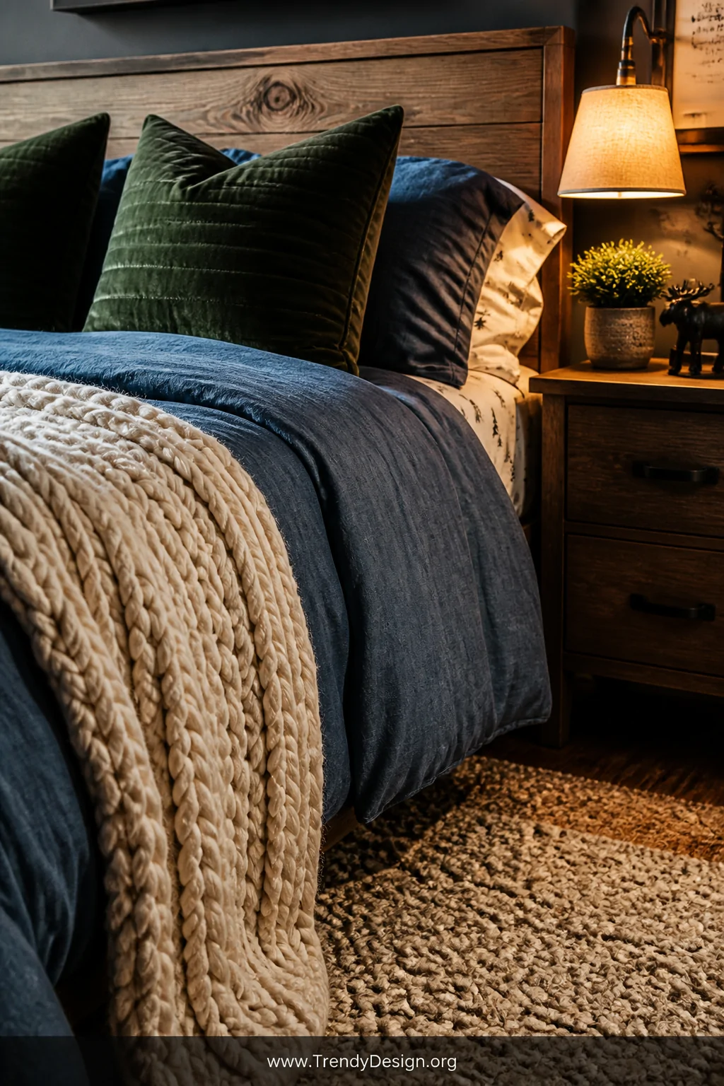 Close-up detail shot of a boy's bed styled with rich layered textures, showcasing a chunky cream knit throw draped over a smo