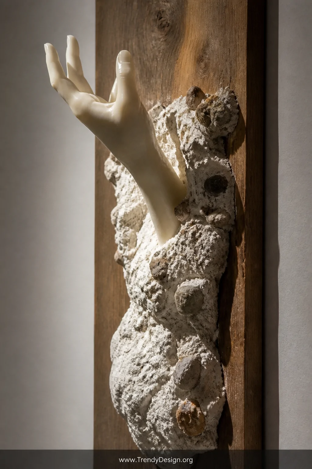 A close detail shot of a mixed-media sculpture featuring a smooth wax hand emerging at a dramatic upward angle from a rough t