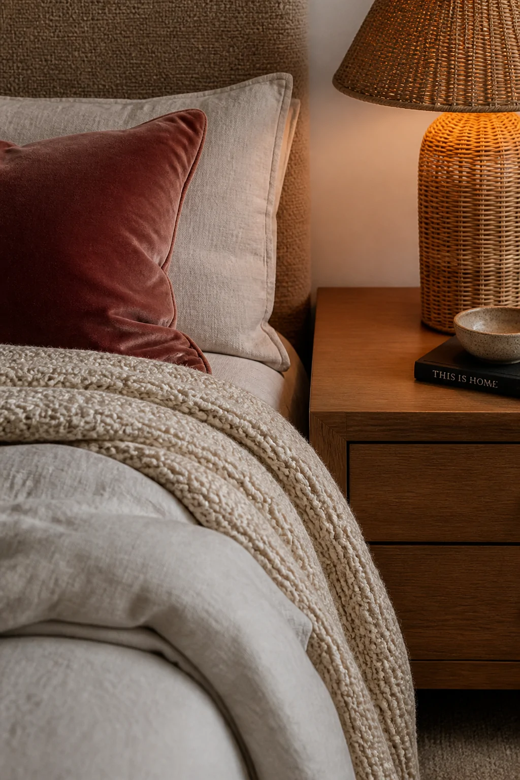 Closeup detail shot of richly layered bedroom textiles   a soft linen duvet, a deep velvet dusty rose pillow, a chunky woven 