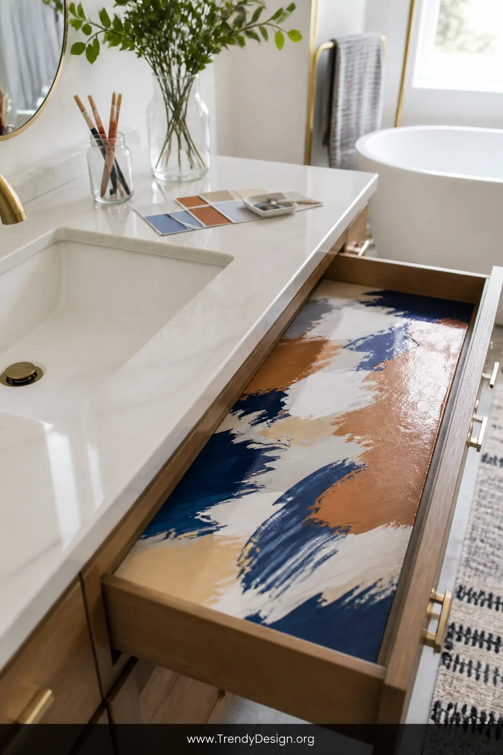 A wide shot of a bright bathroom countertop beside an open vanity drawer lined with a handpainted DIY cardstock liner featuri