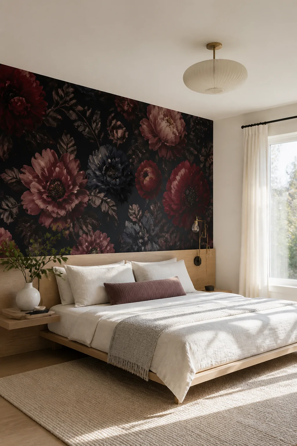 Wide-angle photorealistic bedroom shot featuring a single accent wall behind a low-profile bed papered in large-scale deep bu