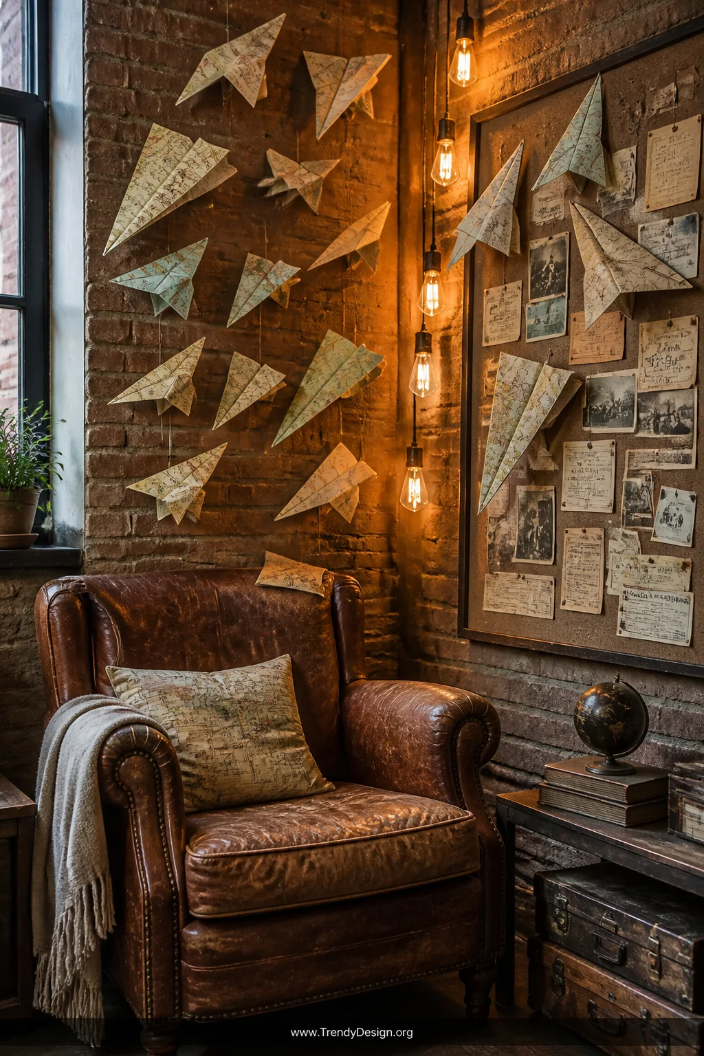Wide shot of a cozy reading nook with exposed brick walls and a worn leather armchair, featuring a clustered arrangement of p