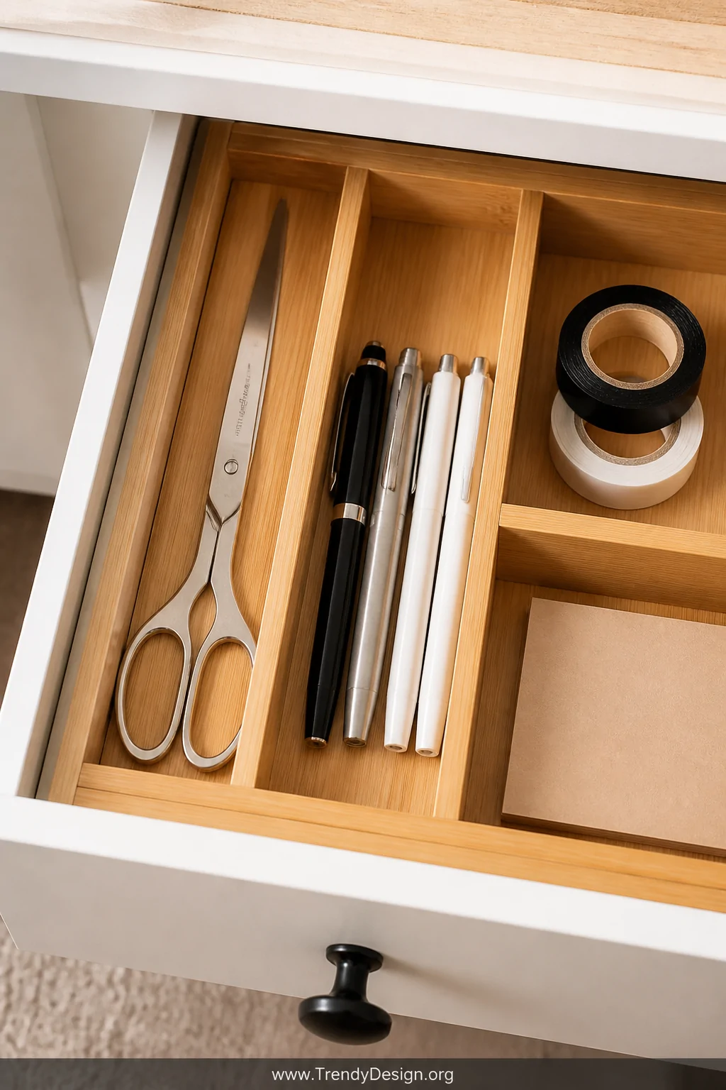 Close-up detail shot looking straight down into an open desk drawer fitted with a pristine natural bamboo drawer organizer, a