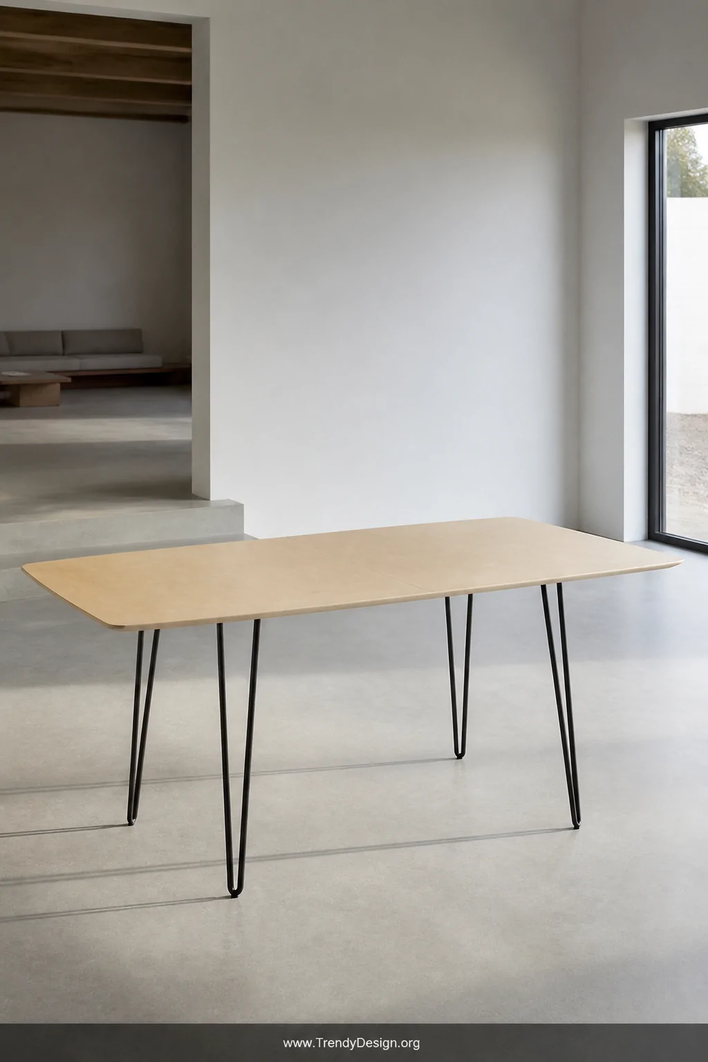 Medium shot of a sleek open-plan living space showcasing a pale birch wood drop leaf table on matte black hairpin legs, both 