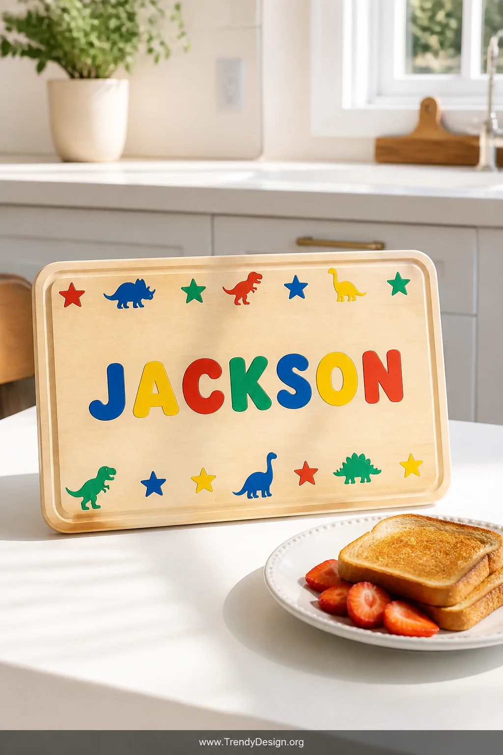 A medium shot of a light birch wood cutting board on a bright white kitchen breakfast table, decorated with chunky bubble let